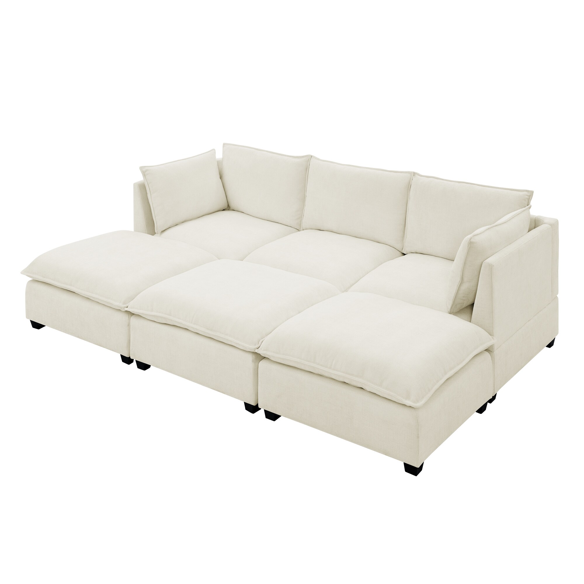Comfy Cloud Couch Sectional 3 Seat Sofa with 2 Ottoman, Chenille Sofa Sleeper Deep Seat Sofa with Throw Pillows for Living Room(Beige White) 